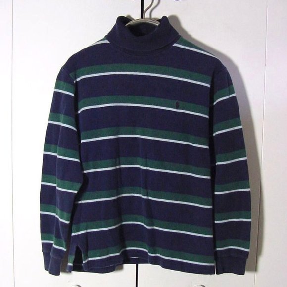 Vtg Polo Ralph Lauren Green Blue Striped Cotton Turtle Neck Sz M USA